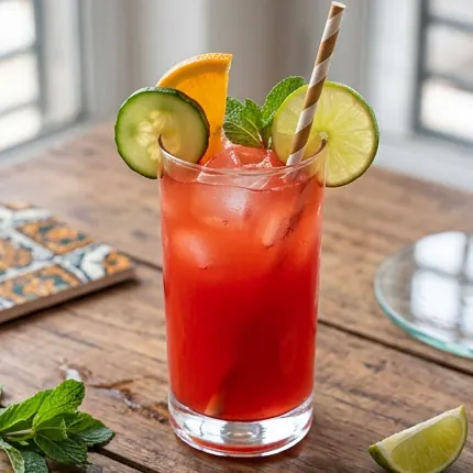 A glass of chapman with cucumber, orange, lime and mint.