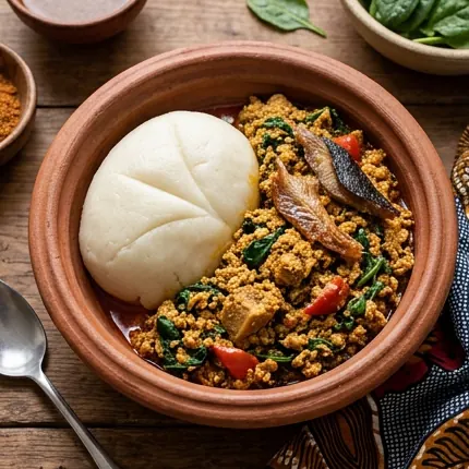 Pounded yam beside egusi soup in a clay bowl.