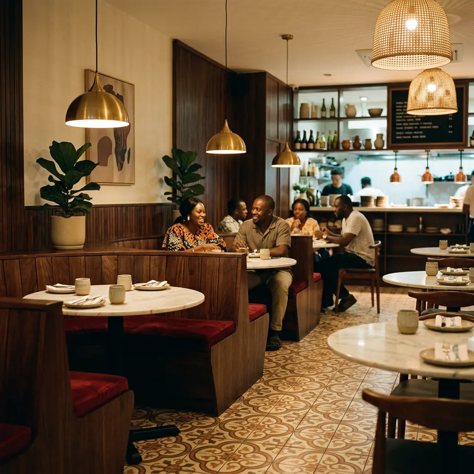 Inside Bùkà: brass pendant lamps, wooden booths with red cushions, marble tables and patterned floor tiles, with diners talking.
