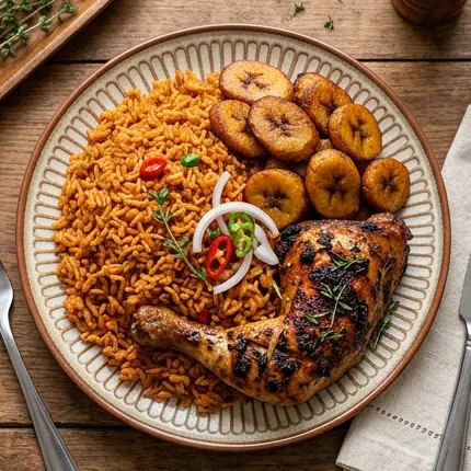 Party jollof with fried plantain and grilled chicken.